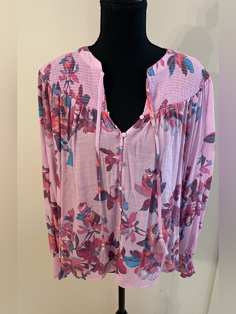 Nanette Lepore Pink and Blue Floral Flowy Smocked Peasant Top Boho Hippie Large